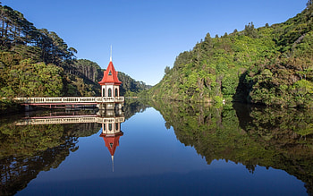 Lake in New Zealand, New Zealand, reflection, pier, gazebo, calm, lake HD wallpaper