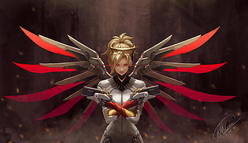 Mercy, overwatch, artwork, game, red wings HD wallpaper