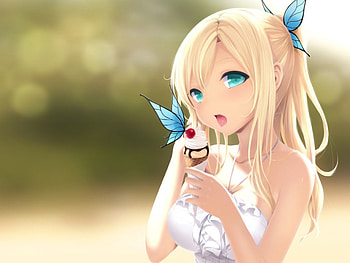 Ice cream, sexy, cute, girl, anime, butterfly, bright colors, pretty girl, lovely, big eyes HD wallpaper