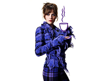 Zooey Deschanel, tea, brunette, cup, deschanel, zooey, purple, coffee, sweater HD wallpaper