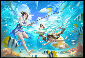Summer fun, sea, view from down, fun, exotic, egg1111, gorgeous, girl, superb, summer, fantasy, pesti, yellow, fish, luminos, water, vara HD wallpaper
