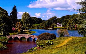 Beautiful Stourhead Estate Grounds - Yorkshire, England, gazebo, trees, clouds, bridge, sky, park, lake HD wallpaper