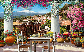 Piatto di olive a Taormina, chairs, table, painting, landscape, flowers, veranda, mountains, village HD wallpaper