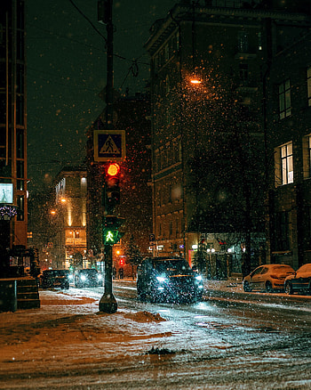 Cities, Auto, Night, Snow, City, Street HD phone wallpaper
