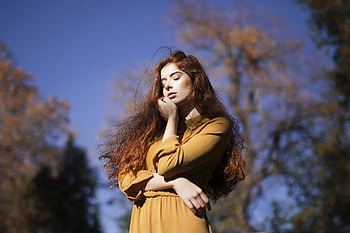 Red head, woman, beautiful, closed eyes, outdoor HD wallpaper