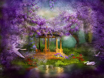 Fantasy lake, pondswan, bush, lake, purple, reflection, tale, fantasy, violet, romantic place, flowers, romantic, water HD wallpaper
