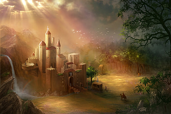 Redemption palace, tjota, fantasy, light, palace, green, knight, castle, orange HD wallpaper