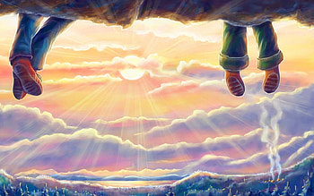 A beautiful sunset, blue, scenic, feet, cloud, sunset, white, scene, shoe, tree, pink, anime, camp, green, view, smoke, nature, sky, manga, forest, village HD wallpaper