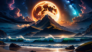 Celestial Moonrise Over Mountain Beach - Artistic Landscape, artistic, landscape, moon, mountain, beach HD wallpaper