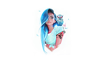 Blue Eyes Blue Hair Girl With Owl, artist, artwork, deviantart, blue-eyes HD wallpaper