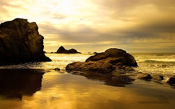 Golden Beach, golden, rocks, sunrise, beach HD wallpaper