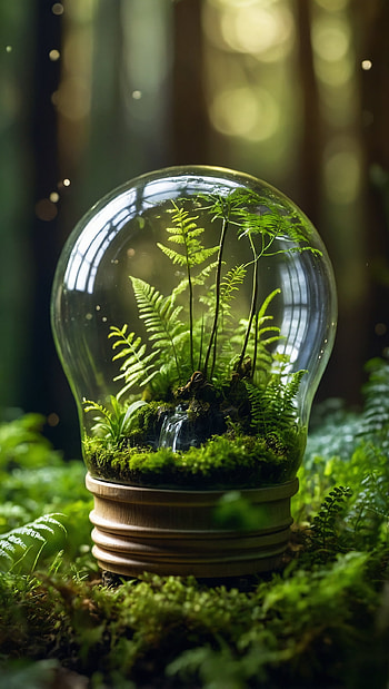 Miniature Enchanted Forest and Waterfall Inside a Lightbulb, Light Bulb, Nature HD phone wallpaper