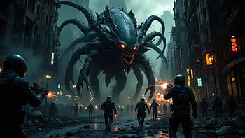 Apocalyptic Showdown: Soldiers vs. Alien Monster in a Ruined City, alien, Dark Alliance, Warfare HD wallpaper