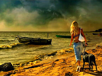 Lady On Beach w Dog, on beach, lady, , with dog, cool HD wallpaper