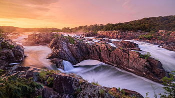 Great Falls, Virginia, sky, rocks, sunset, river, colors, usa HD wallpaper