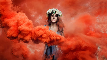 Red Lady, girl, dress, red smoke, wreath HD wallpaper