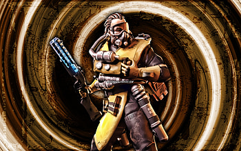 Caustic, yellow grunge background, Apex Legends, Toxic Trapper, vortex, Apex Legends characters, Caustic Apex Legends, Caustic Skin, Christian Caustic HD wallpaper