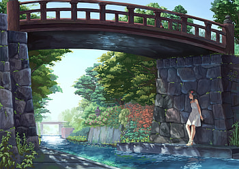 Original, myojo999, tagme, black hair, water, black eyes, summer dress HD wallpaper