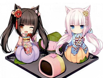 Chibi Girls, sweet, japanese, orginal, chibi, kimono, dessert, girls, long hair HD wallpaper