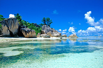 Beach with white sand, moutain, beach, blue, pretty, nature, sky, nice HD wallpaper