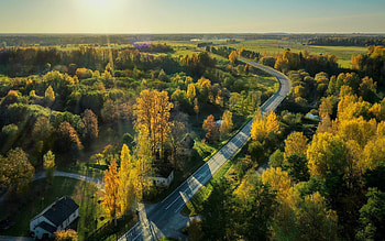 Road in Latvia, Latvia, fields, trees, road, aerial HD wallpaper
