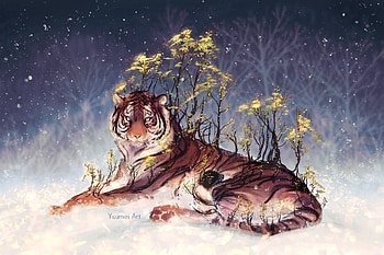 Year of the Tiger, fantasy, art, yuumei, tiger, flower, tigru, spring, wenqing yan HD wallpaper