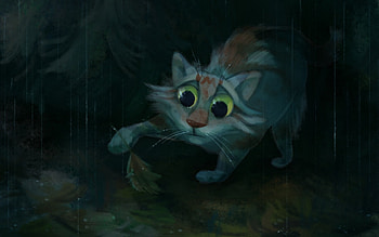 Rainy, pisica, rain, fantasy, art, speedienth, autumn, leaf, cat HD wallpaper