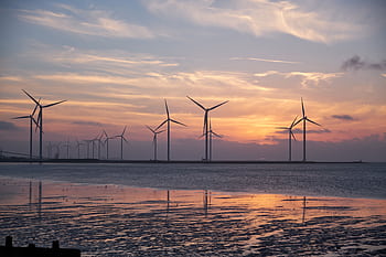 Wind turbines on the shoreline silhouette against a vibrant sunset, promoting renewable energy. HD wallpaper
