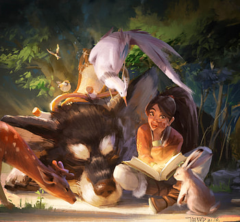 Reading, nuo tan, girl, dog, animal, art, bunny, fantasy, nuotan, deer, luminos, rabbit HD wallpaper