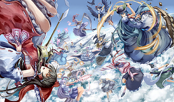anime, girl, dress, margatroid, alice, hakurei, clouds, reimu, bow HD wallpaper