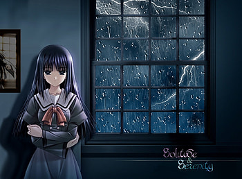 Solitude & Serenity, Lightning, Anime Girl, Maki Sakaki, Anime, Seifuku, Maki, Innocence Pain, School Uniform, Long Hair, Big Eyes, Sakaki, Rain HD wallpaper