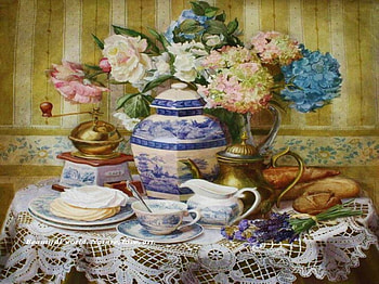 Still Life, cups, artwork, tea, blossoms, flowers, porcelain HD wallpaper