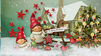 Elves Celebrate Christmas, winter, Feliz Navidad, New Year, Xmas, house, stars, snown, Christmas, elves, rocking horse, trees HD wallpaper