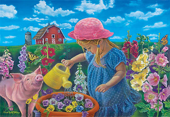 Watch them grow, garden, girl, flowers, can, sky, barn, pig, painting, blossoms HD wallpaper