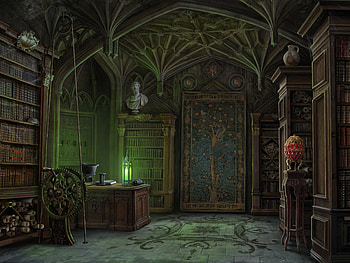 Library, egg, room, olga antonenko, fantasy, green, game HD wallpaper