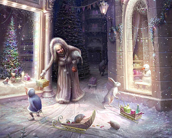 Petite rue, winter, blue, cornacchia art, snow, rabbit, cornacchia-art, white, craciun, art, cornacchiaart, tree, woman, bunny, purple, snowman, old, fantasy, christmas, street, luminos, creature HD wallpaper