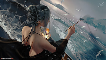 :), sea, frumusete, art, girl, beach, dark, summer, wlop, painting, fantasy, artist, water, princess, vara HD wallpaper