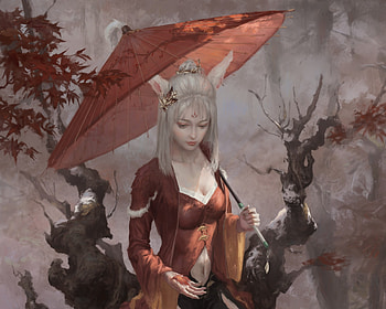Kitsune, art, fantasy, red, zhang shu, parasol, girl, fox HD wallpaper