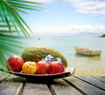 Tropical Paradise, sea, palm, tropical, fruits, beach, vacation, melon, apples, sky HD wallpaper