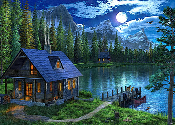 At Night by the Lake, trees, moon, lake, house HD wallpaper