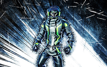 Green Eternal Voyager, grunge art, Fortnite Battle Royale, Fortnite characters, Green Eternal Voyager Skin, blue abstract rays, Fortnite, Green Eternal Voyager Fortnite HD wallpaper