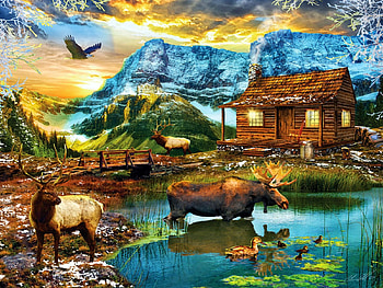 Winter Mountain Cabin, artwork, river, ducks, painting, moose, eagle, mountains HD wallpaper