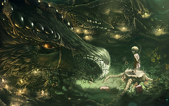 Will you be my friend?, guardian, cute, girl, ancient, fantasy, green, dragon, friend, forest, child, curious HD wallpaper
