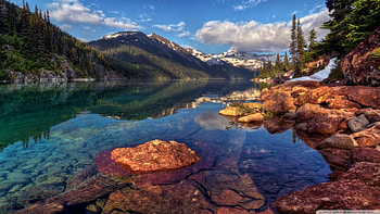 Mountain Lake, stones, mountain, lake, rock, daylight, day, reflection, clouds, trees, nature, shallow, sky, water, forest HD wallpaper
