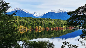 Looking along the Waiau River toward Lake Manapouri, New Zealand, trees, forest, mountains, water, reflections HD wallpaper