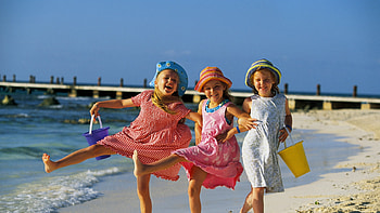 Summer joy, dress, copil, beach, bucket, happy, hat, vara, sea, white, children, girl, little, summer, pink, funny, joy, child HD wallpaper