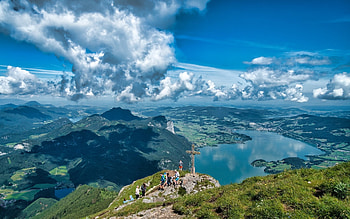 Mountains and Lakes in Austria, lakes, cross, clouds, Austria, mountains HD wallpaper