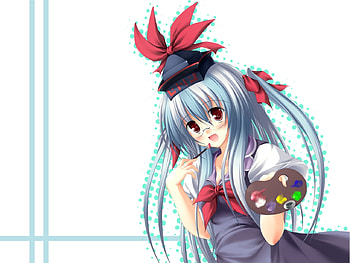 Kamishirasawa Keine, brush, ribbons, blue hair, girl, long hair, dress, touhou, hat HD wallpaper