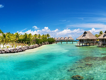 Bora Bora, island, tropical, beautiful, rocks, huts, clouds, trees, nature, sky, ocean HD wallpaper