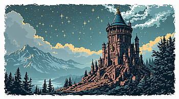 Starlit Wizard Tower —, Castle, Mountain, Forest HD wallpaper